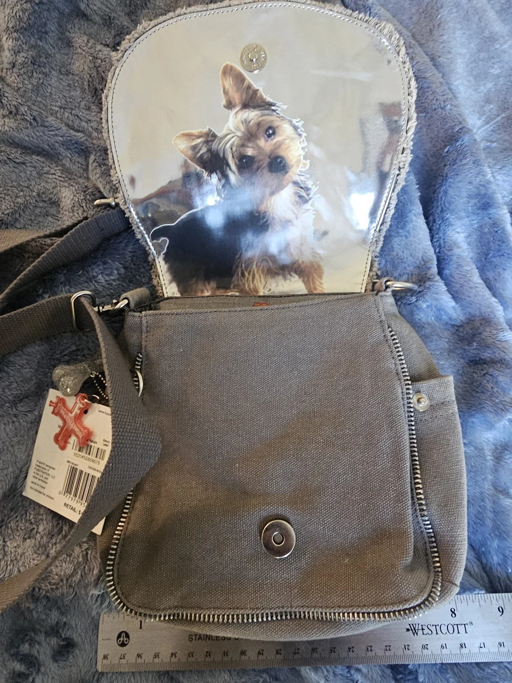 FuzzyNation Gray Canvas Crossbody Pet Bag with Yorkshire Terrier Print
